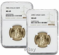 Lot De 2 2002 25 $ 1/2 Oz Américaine Gold Eagle Ms69 Ngc Brown