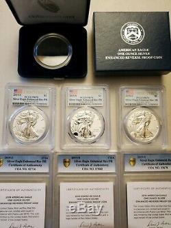 Lot De 3 2019-s Silver Eagle Enhanced Proof Inverse Pr70 First Strike Pcgs Withcoa