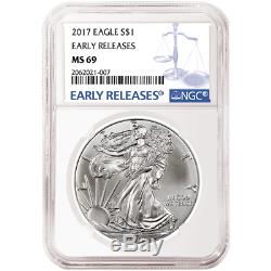 Lot De 5 2017 1 Dollar Américain Silver Eagle Ngc Ms69 Premières Versions Étiquette Bleue Er