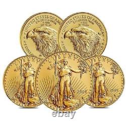 Lot De 5 2021 1/10 Oz Gold American Eagle 5 $ Pièce Bu Type 2