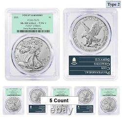 Lot De 5 2021 1 Oz Silver American Eagle Type 2 Pcgs Ms 70 Fs Ogh (35e Anniv)