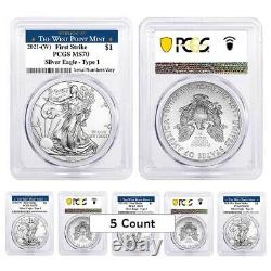 Lot De 5 2021 (w) 1 Oz Silver American Eagle $1 Coin Pcgs Ms 70 Fs West Point
