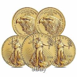 Lot De 5 2022 1/10 Oz Gold American Eagle $5 Coin Bu
