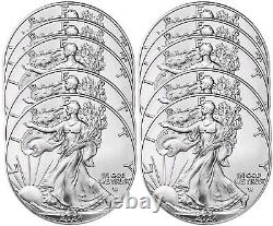 Lot de 10 2024 $1 American Silver Eagle 1 oz Gem BU 10 OZS Tube d'aigle gratuit