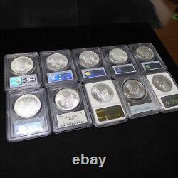 Lot de (10) American Silver Eagles 2004-2020 PCGS/NGC MS69