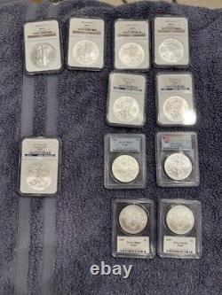 Lot de 11 pièces d'aigle en argent évaluées MS69s 2009 (10) et 2010 (1)