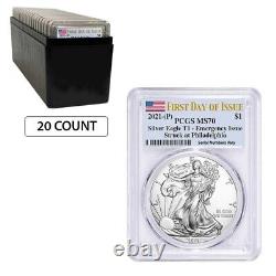 Lot de 20 American Eagle en argent d'une once (P) de 2021, certifié PCGS MS 70 FDOI en émission d'urgence.