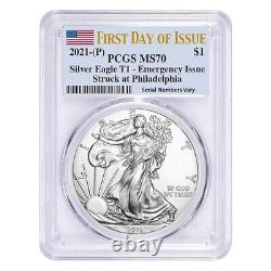 Lot de 20 American Eagle en argent d'une once (P) de 2021, certifié PCGS MS 70 FDOI en émission d'urgence.