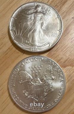 Lot de 2 pièces de monnaie en argent américain Silver Eagle de 1 oz. 999 argent fin de 1991