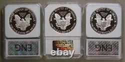 Lot de (3) pièces d'argent Proof American Silver Eagle de dates anciennes 1986-S, 1988-S et 1990-S