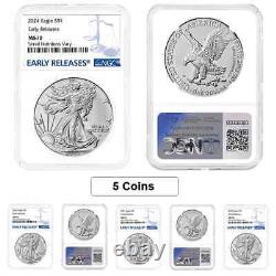 Lot de 5 American Silver Eagle de 1 once 2024 NGC MS 70 ER