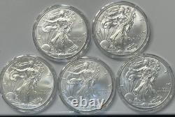 Lot de 5 American Silver Eagles 2000, 2001, 2013, 2014, 2018 dans des capsules BU Lot de 5 American Silver Eagles 2000, 2001, 2013, 2014, 2018 dans des capsules BU
