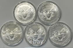 Lot de 5 American Silver Eagles 2000, 2001, 2013, 2014, 2018 dans des capsules BU