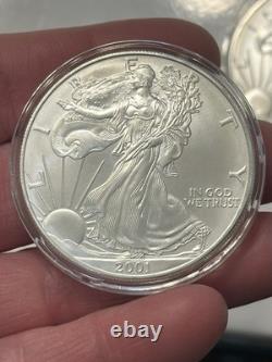 Lot de 5 American Silver Eagles 2000, 2001, 2013, 2014, 2018 dans des capsules BU