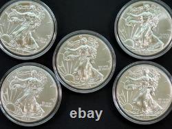 Lot de 5 American Silver Eagles 2014 BU 1 oz troy d’argent fin 999 avec capsules