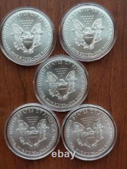 Lot de 5 American Silver Eagles 2014 BU 1 oz troy d’argent fin 999 avec capsules
