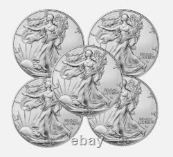 Lot de 5 pièces American Silver Eagle 2024 de 1 $ 1 oz. 999 Argent Pur BU