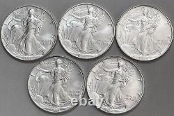 Lot de 5 pièces de 1994 American Silver Eagle, une pièce d'un dollar en flips en caoutchouc.