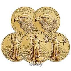 Lot de 5 pièces de 1 once d'or American Eagle 2024 de 50 $ BU