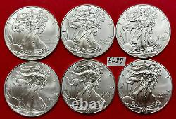 Lot de SIX pièces American Silver Eagles GEM BU datées de 2008 à 2015 E687