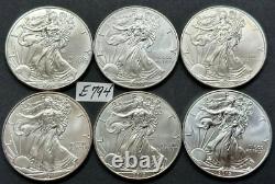 Lot de SIX pièces American Silver Eagles GEM BU de DATES DIFFÉRENTES 1998-2015 #E794