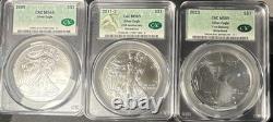 Lot de trois meilleures American Silver Eagles toutes notées CAC 69 avec étuis épais
