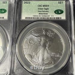 Lot de trois meilleures American Silver Eagles toutes notées CAC 69 avec étuis épais