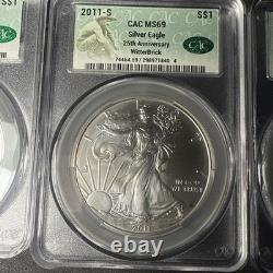 Lot de trois meilleures American Silver Eagles toutes notées CAC 69 avec étuis épais