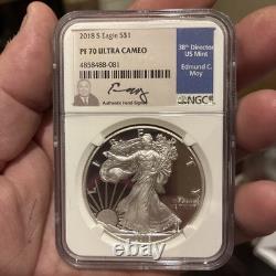 Magnifique 2018W Preuve 1 oz American Silver Eagle NGC PF70 Ultra Cameo signé par Moy
