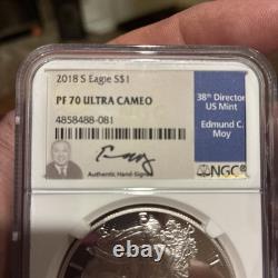 Magnifique 2018W Preuve 1 oz American Silver Eagle NGC PF70 Ultra Cameo signé par Moy