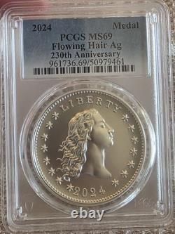Médaille en argent Eagle à cheveux flottants du 230e anniversaire 2024 PCGS MS69