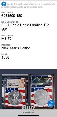 Mint ! Édition du Nouvel An 2021 $1 Silver Eagle T-2 NGC MS70 Noyau Drapeau US Rare
