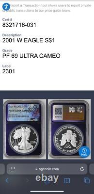 Mint ! Preuve 2001 W 1 $ Silver Eagle NGC PF69 Purple TraderBea Ebay Rare