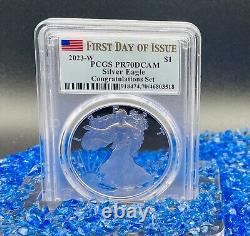 Monnaie 2023 W $1 Silver Eagle PCGS FDOI PR70DCAM Ensemble de félicitations Drapeau 1 de 695