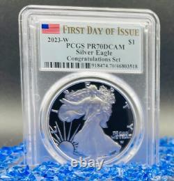 Monnaie 2023 W $1 Silver Eagle PCGS FDOI PR70DCAM Ensemble de félicitations Drapeau 1 de 695