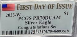 Monnaie 2023 W $1 Silver Eagle PCGS FDOI PR70DCAM Ensemble de félicitations Drapeau 1 de 695