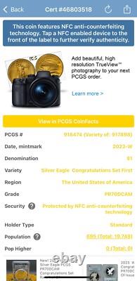 Monnaie 2023 W $1 Silver Eagle PCGS FDOI PR70DCAM Ensemble de félicitations Drapeau 1 de 695