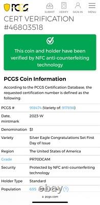 Monnaie 2023 W $1 Silver Eagle PCGS FDOI PR70DCAM Ensemble de félicitations Drapeau 1 de 695