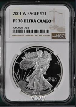 PF70 UCAM 2001-W Aigle en Argent Américain Étiquette Marron NGC Sans Tache Blanche