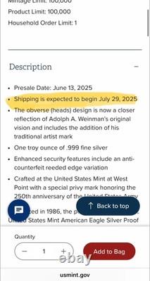 PRÉVENTE Pièce en Argent Proof d'une Once American Eagle de l'Armée U.S. pour le 250e Anniversaire