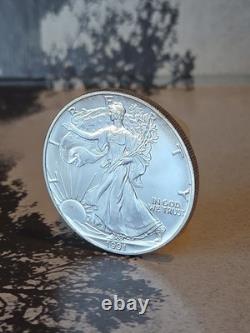 Pièce American Silver Eagle 1 oz 1991 San Francisco Business Strike UNC, faible tirage, état neuf de frappe, en argent