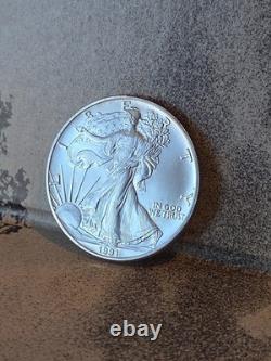 Pièce American Silver Eagle 1 oz 1991 San Francisco Business Strike UNC, faible tirage, état neuf de frappe, en argent