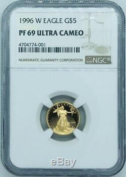 Pièce De Monnaie - Cameo Ultra Eagle Pf-69 Ngc G De 5 $ Us Preuve 1996 W 1/10 Oz Or Menthe