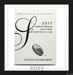 Pièce de monnaie en argent American Silver Eagle Proof de 2017 avec étui en velours bleu et certificat d'authenticité