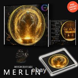 Pièce en argent 1 oz 999 en argent colorisée et dorée à l'or Merlin Eagle argenté 2024