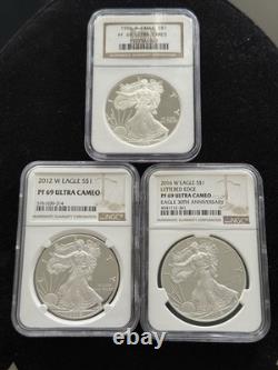 Pièces de monnaie American Silver Eagle, notées NGC PF 69 Ultra Cameo Collection. 96' 12' 16