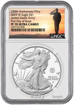Pré-vente ! 2025-W Silver Eagle 250e Anniversaire U. S. Army Privy FDI NGC PF70 Salute