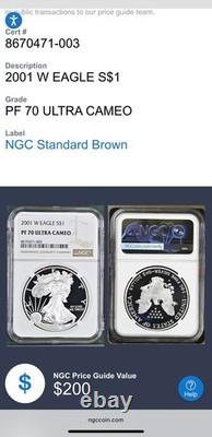 Preuve 2001 W $1 Aigle d’argent NGC PF70UC Étiquette brune moderne 1 sur 6885 Mint