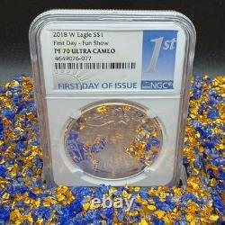 Preuve 2018 W 1 $ Silver Eagle PF70UC Premier jour Fun Show Rare 1 sur 433 Mint