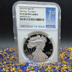 Preuve 2018 W 1 $ Silver Eagle PF70UC Premier jour Fun Show Rare 1 sur 433 Mint